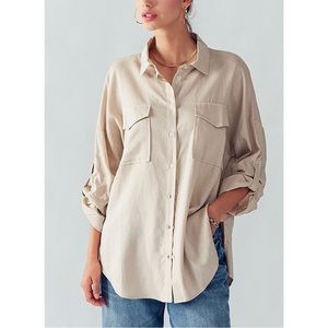 Beige Linen Oversized Double Pocket Button Down Shirt